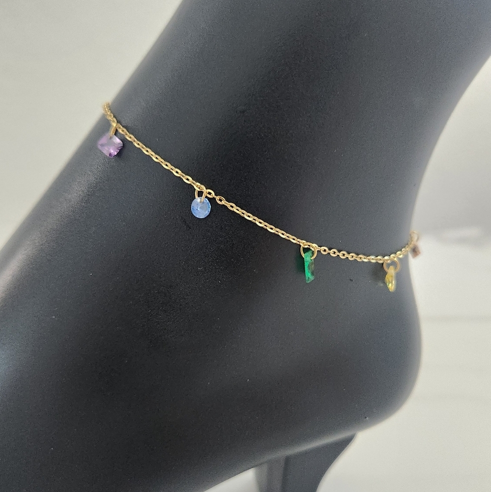 Gold Plated Anklet BraceletWith Colorful Crystal Gemstones Summer Accesories - Picture 3 of 14